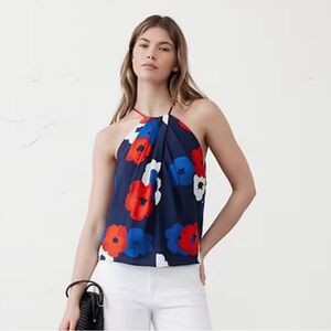 Banana Republic Cut In Pleated Floral Halter Neck Top - Navy, Red, White S - NEW